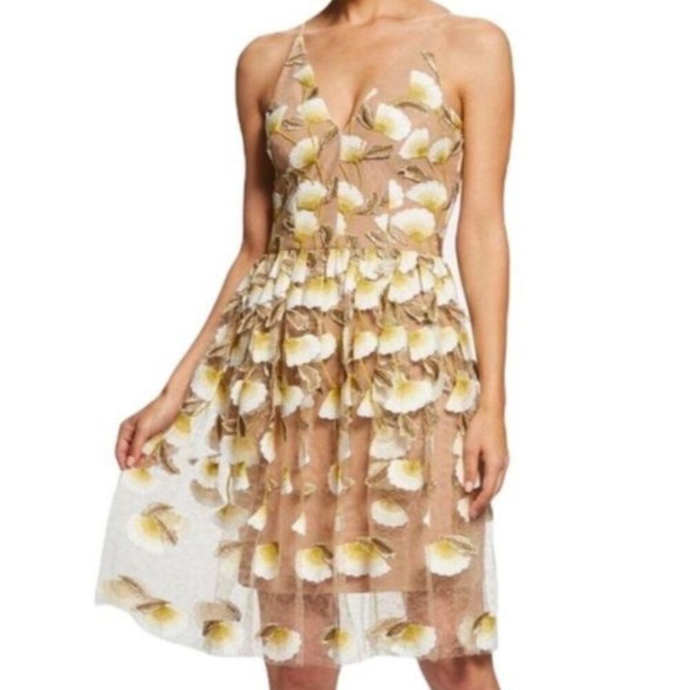 Dress the Population Betsy Sunflower Nude Floral Embroidered Sheer Top Dress M